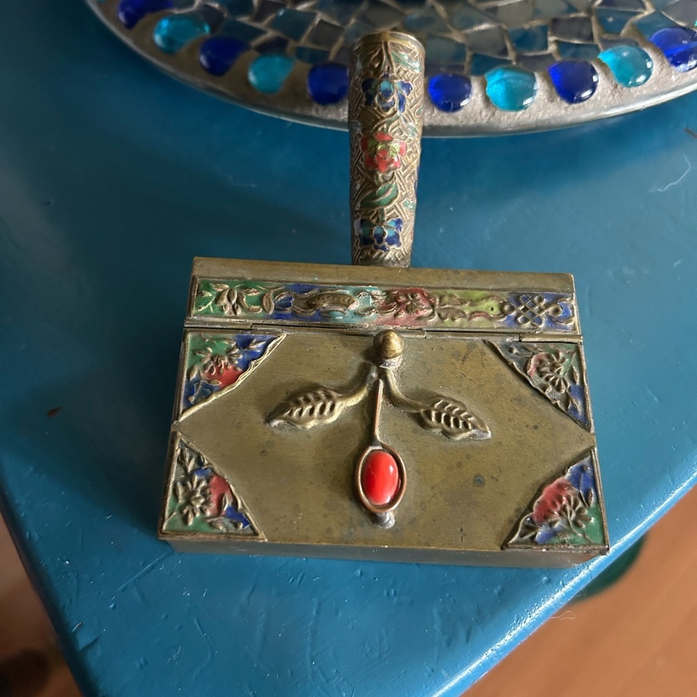 Vintage Cloisonné Brass Silent Butler Crumb Catcher
